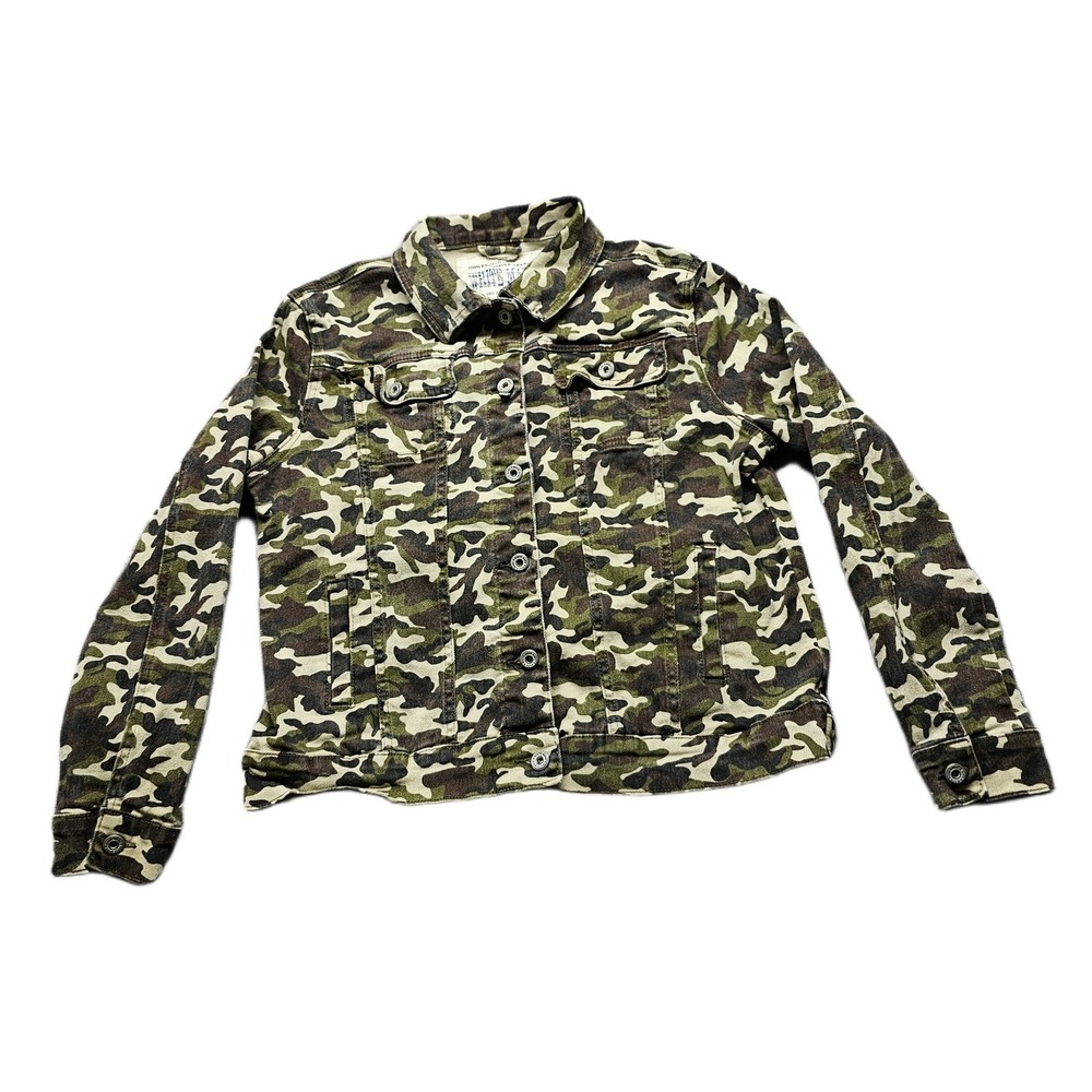 White Mark Trucker Jacket Mens Large Green Brown Denim Camo Stretch Button Front